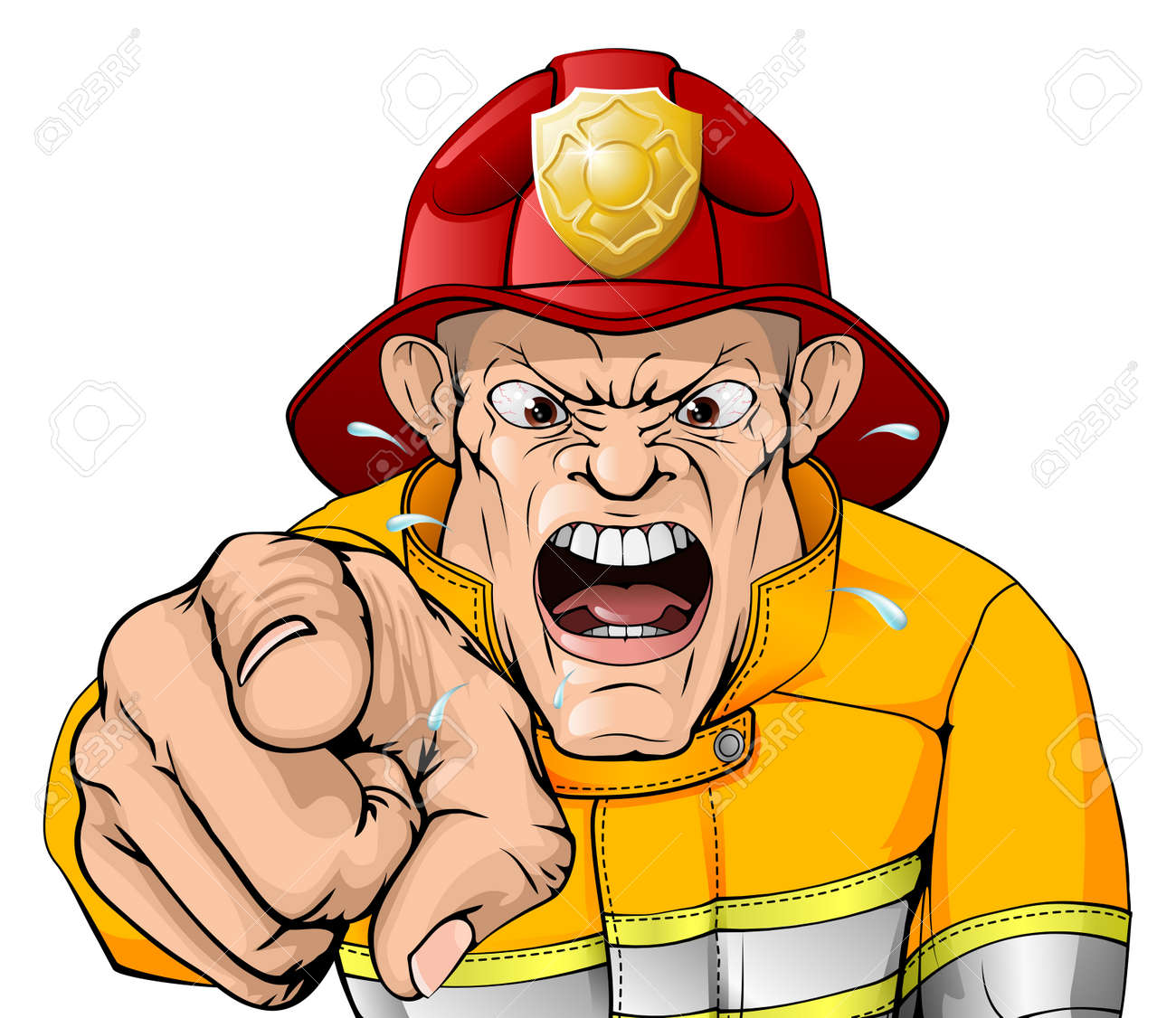 an illustration of an angry shouting fire man pointing at the
