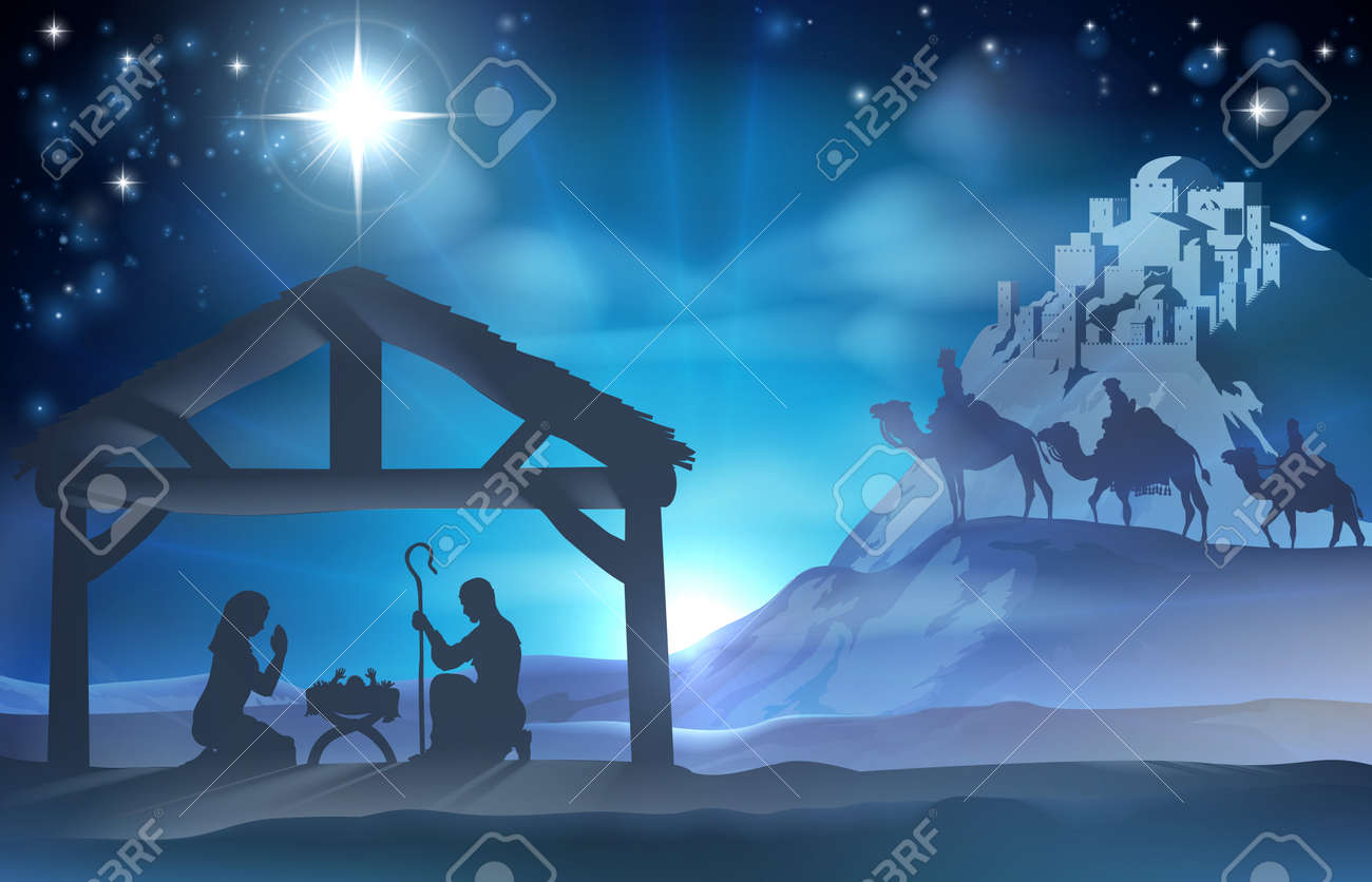 Natale Religioso Immagini.Vettoriale Religiosi Presepe Cristiano Di Natale Di Gesu Bambino Nella Mangiatoia Con Maria E Giuseppe E Le Tre Saggi Image 33640507