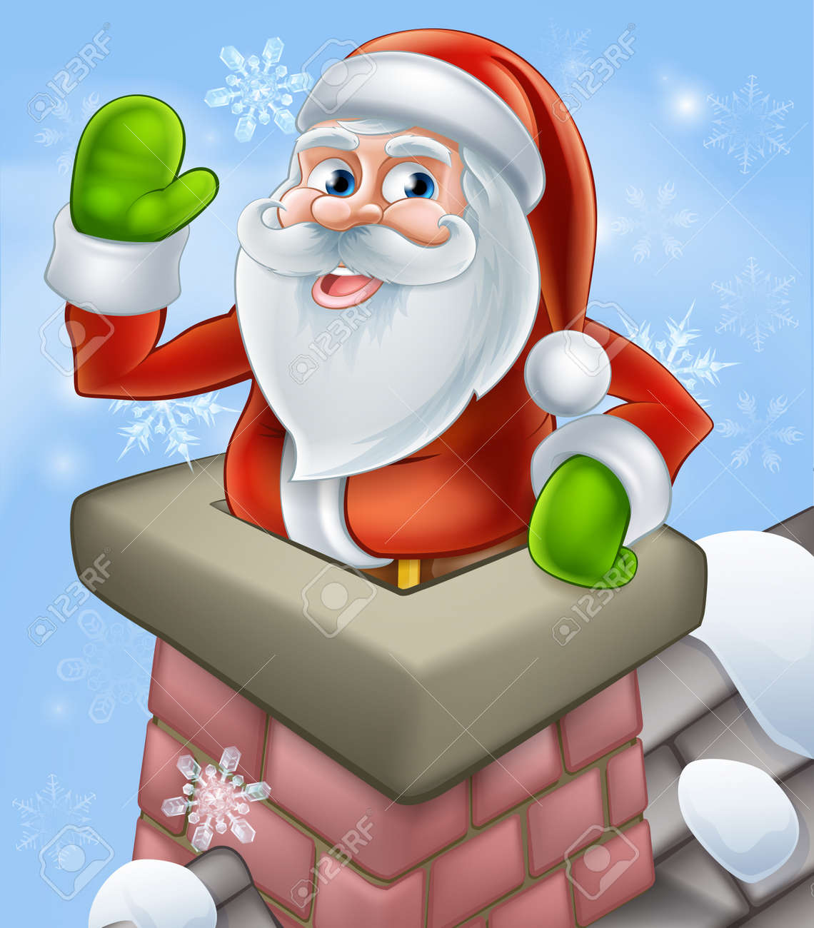 煙突およびクリスマスに手を振ってから雪に覆われた屋上 Poping サンタさんのイラストです のイラスト素材 ベクタ Image
