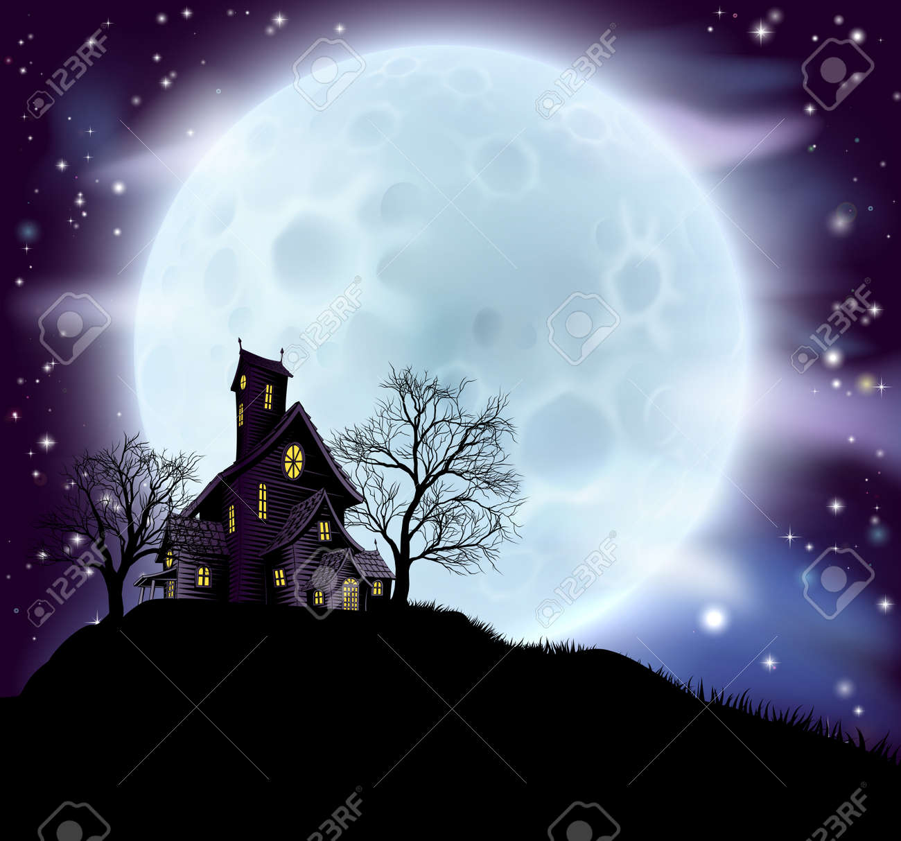 An Illustration Of A Scary Halloween Haunted House In Silhouette With Spooky Trees Royalty Free Cliparts Vectors And Stock Illustration Image