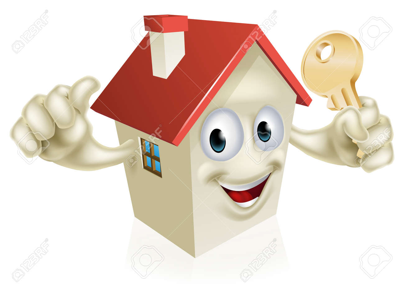 キーを保持している漫画家キャラクター マスコット 不動産の新しい家を購入するための概念または類似 のイラスト素材 ベクタ Image
