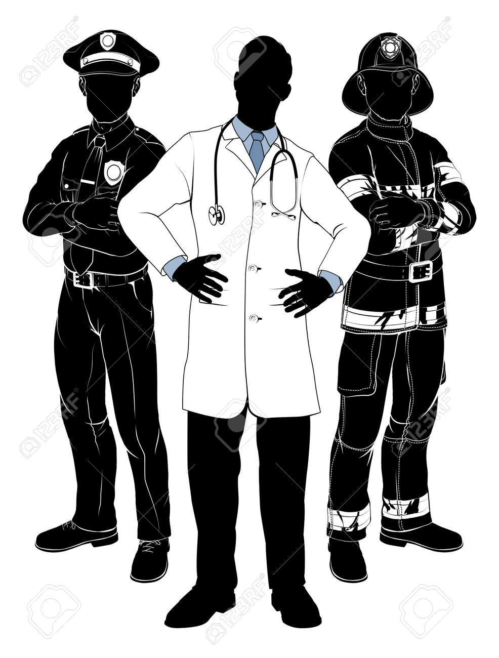 緊急救助サービス警官や警察官 消防士や消防士と医師のチームのシルエットのイラスト素材 ベクタ Image 緊急救助サービス警官や警察官 消防士や消防士と医師のチームのシルエットのイラスト素材 ベクタ Image