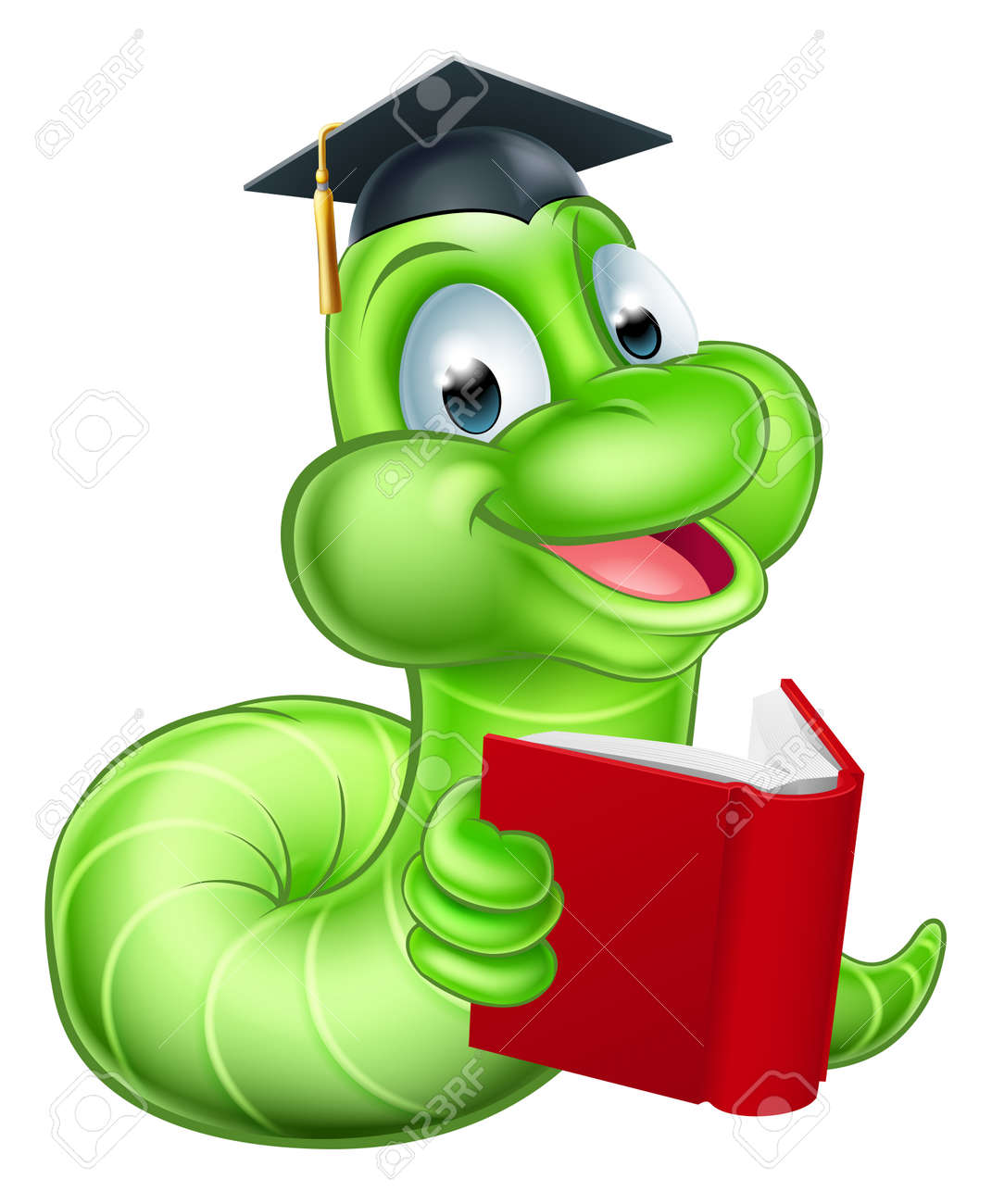 Cute smiling green cartoon caterpillar worm bookworm mascot reading a book and wearing mortar board graduation hat - 42462659 Cute smiling green cartoon caterpillar worm bookworm mascot reading a book and wearing mortar board graduation hat - 42462659