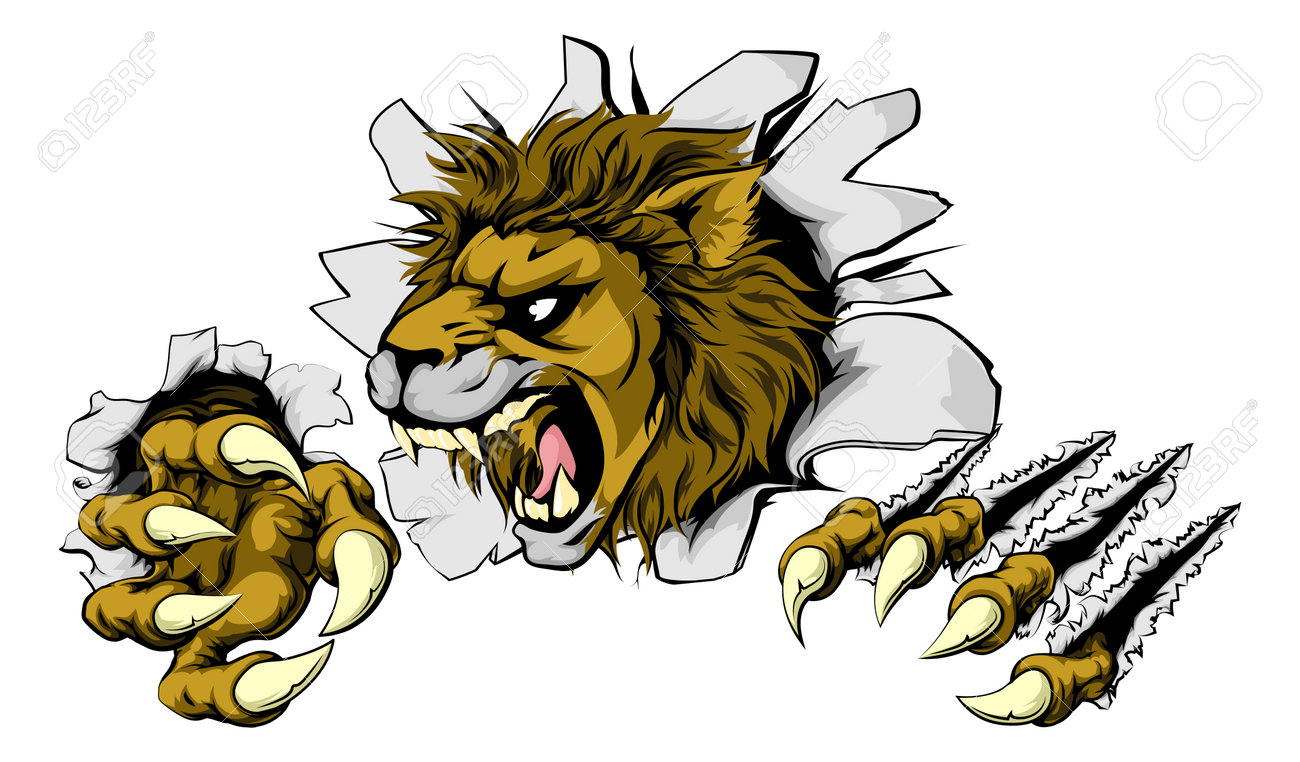 A Scary Lion Mascot Ripping Through The Background With Sharp Claws Royalty  Free SVG, Cliparts, Vectors, and Stock Illustration. Image 43636884., image size:1300x762