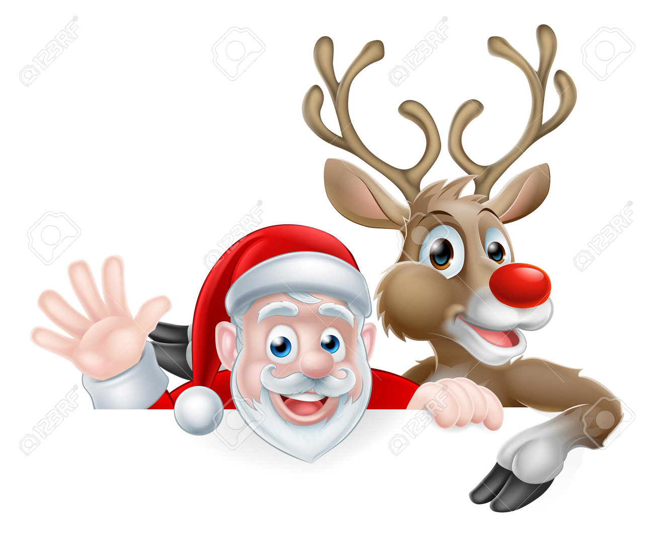 Christmas illustration of cartoon Santa and reindeer peeking above sign waving and pointing - 44577552 Christmas illustration of cartoon Santa and reindeer peeking above sign waving and pointing - 44577552