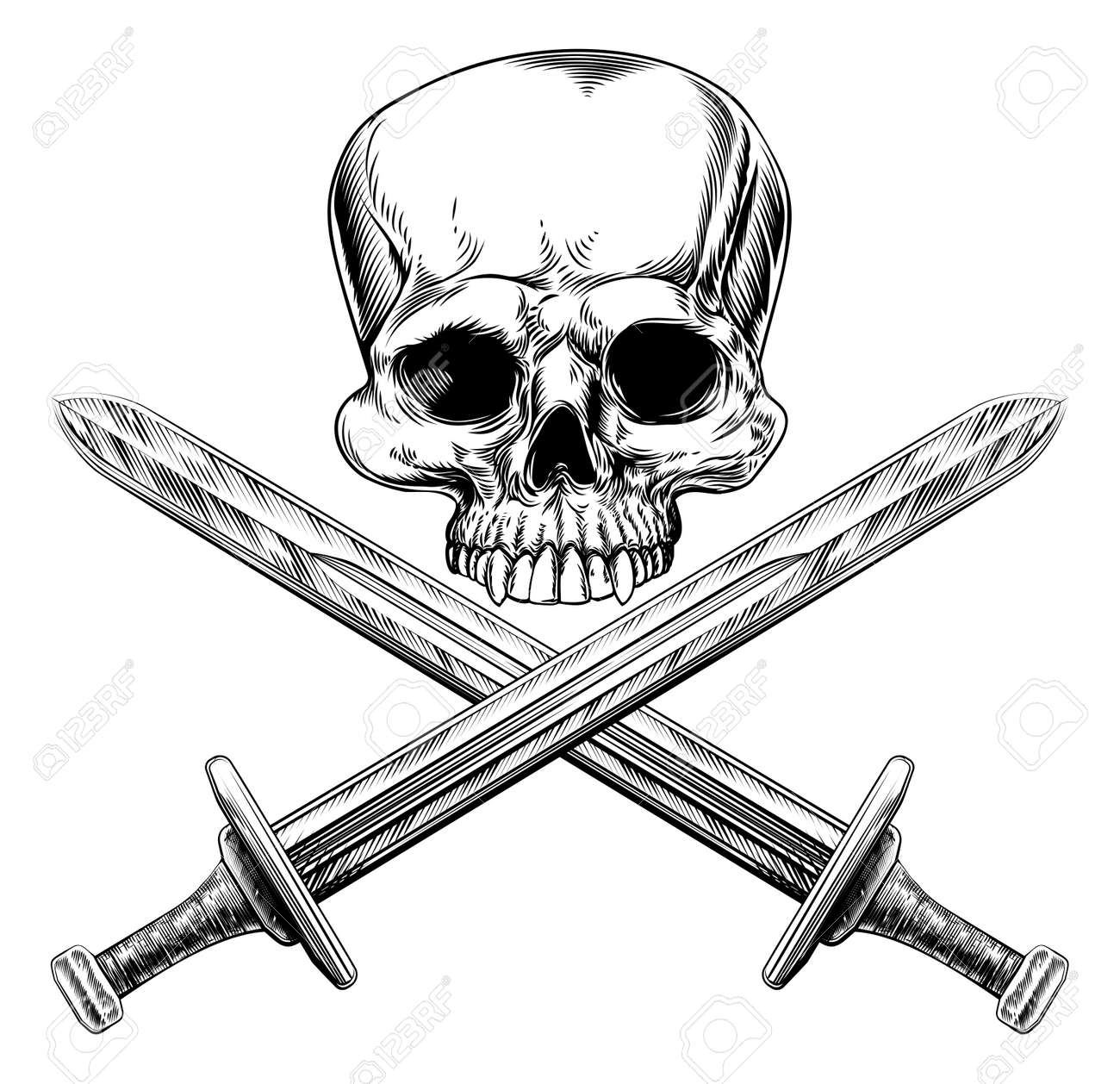 頭蓋骨とクロス剣海賊ヴィンテージ木版画のスタイルの署名します のイラスト素材 ベクタ Image