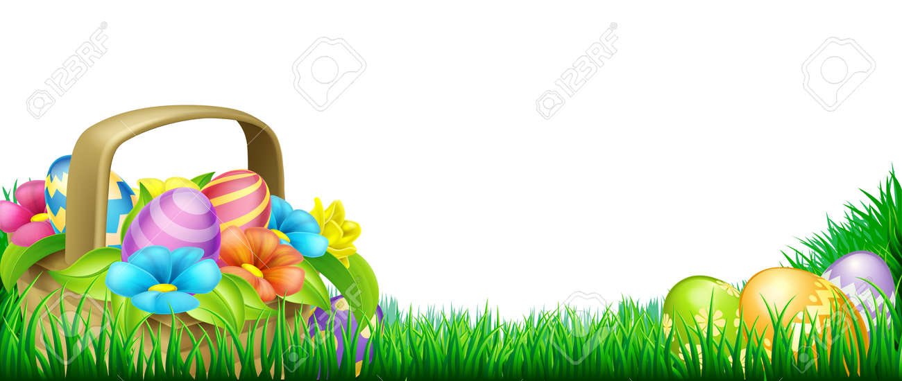 Easter scene footer design. Basket full of decorated chocolate Easter eggs and flowers in a field - 50483319 Easter scene footer design. Basket full of decorated chocolate Easter eggs and flowers in a field - 50483319