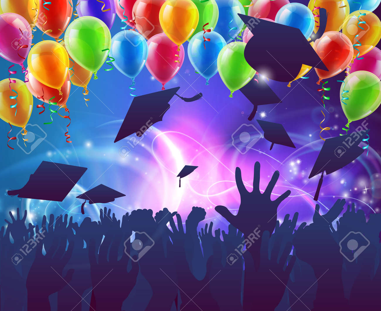 Graduation convocation crowd concept of student hands in silhouette throwing their mortar board caps celebrating with abstract background and balloons - 51882874 Graduation convocation crowd concept of student hands in silhouette throwing their mortar board caps celebrating with abstract background and balloons - 51882874
