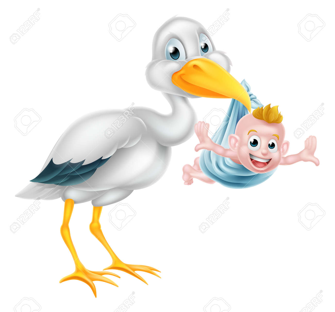 an illustration of a cartoon stork bird holding a newborn baby