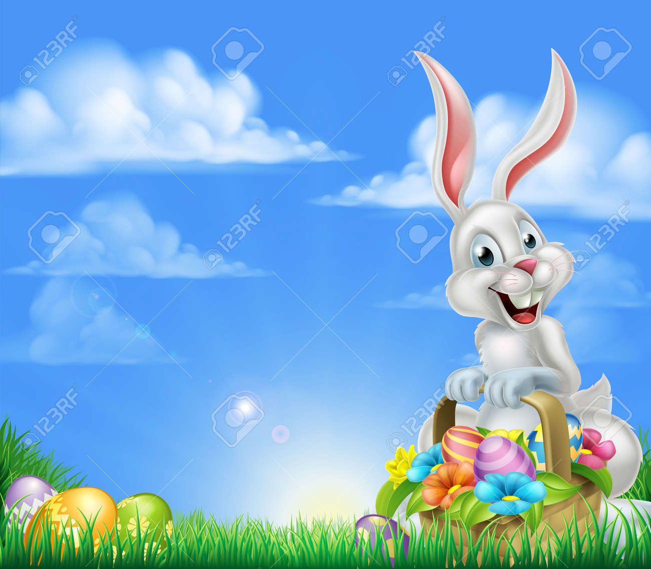 White Easter bunny with a basket full of decorated chocolate Easter eggs in a field Easter background - 52211438 White Easter bunny with a basket full of decorated chocolate Easter eggs in a field Easter background - 52211438