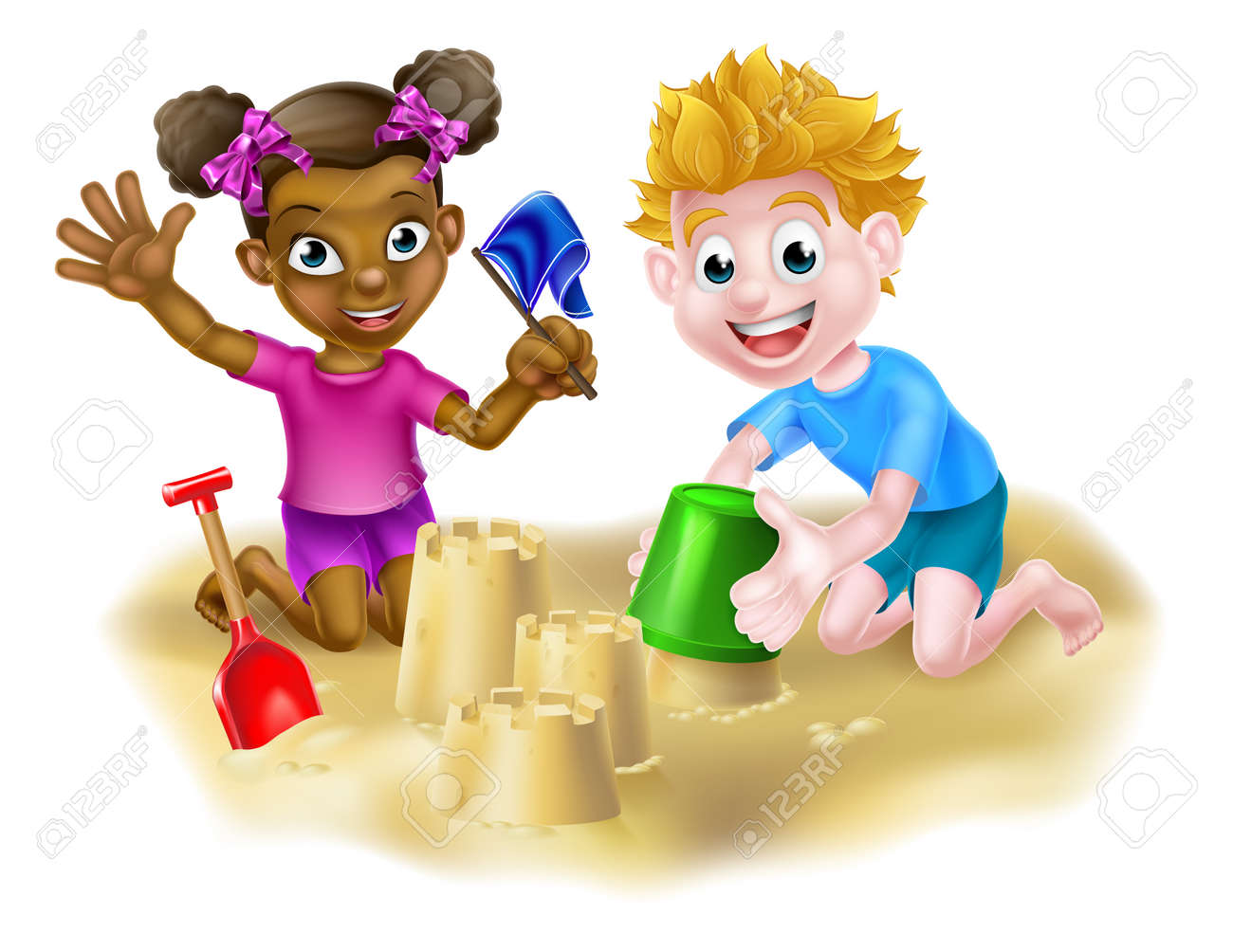男の子と女の子を持つ建物サンドキャッスルズ ビーチや砂場での楽しいのイラスト素材 ベクタ Image 男の子と女の子を持つ建物サンドキャッスルズ ビーチや砂場での楽しいのイラスト素材 ベクタ Image