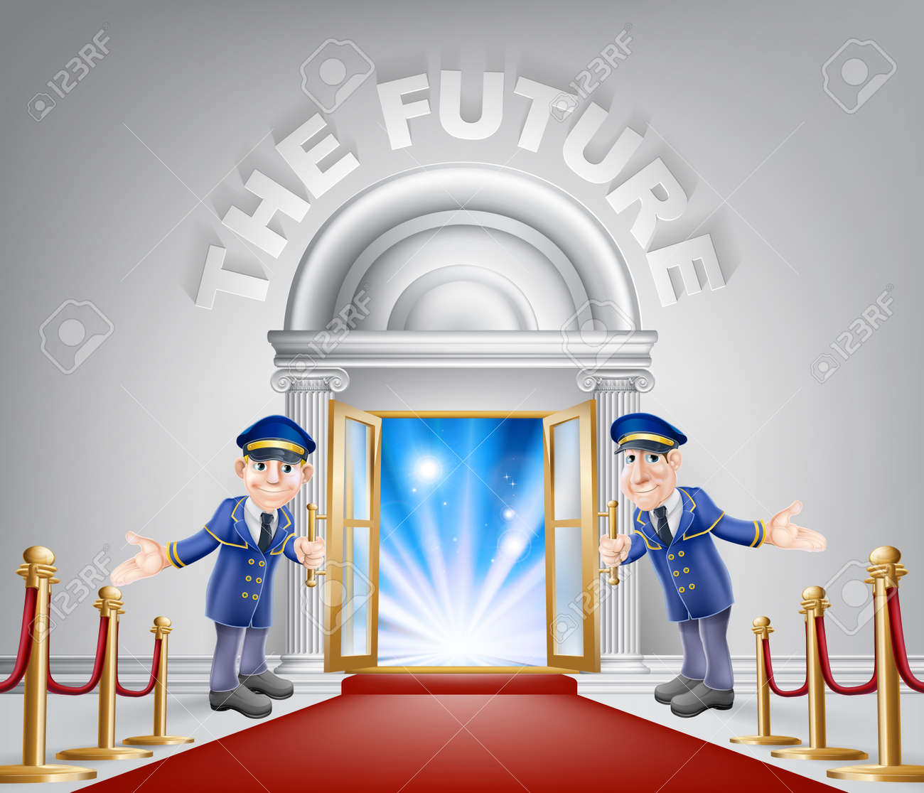 The Future Door Concept Of A Doormen Holding Open A Door At A Red Carpet Entrance With Velvet Ropes Light Streaming Through It Could Be The Door To The New Future Royalty