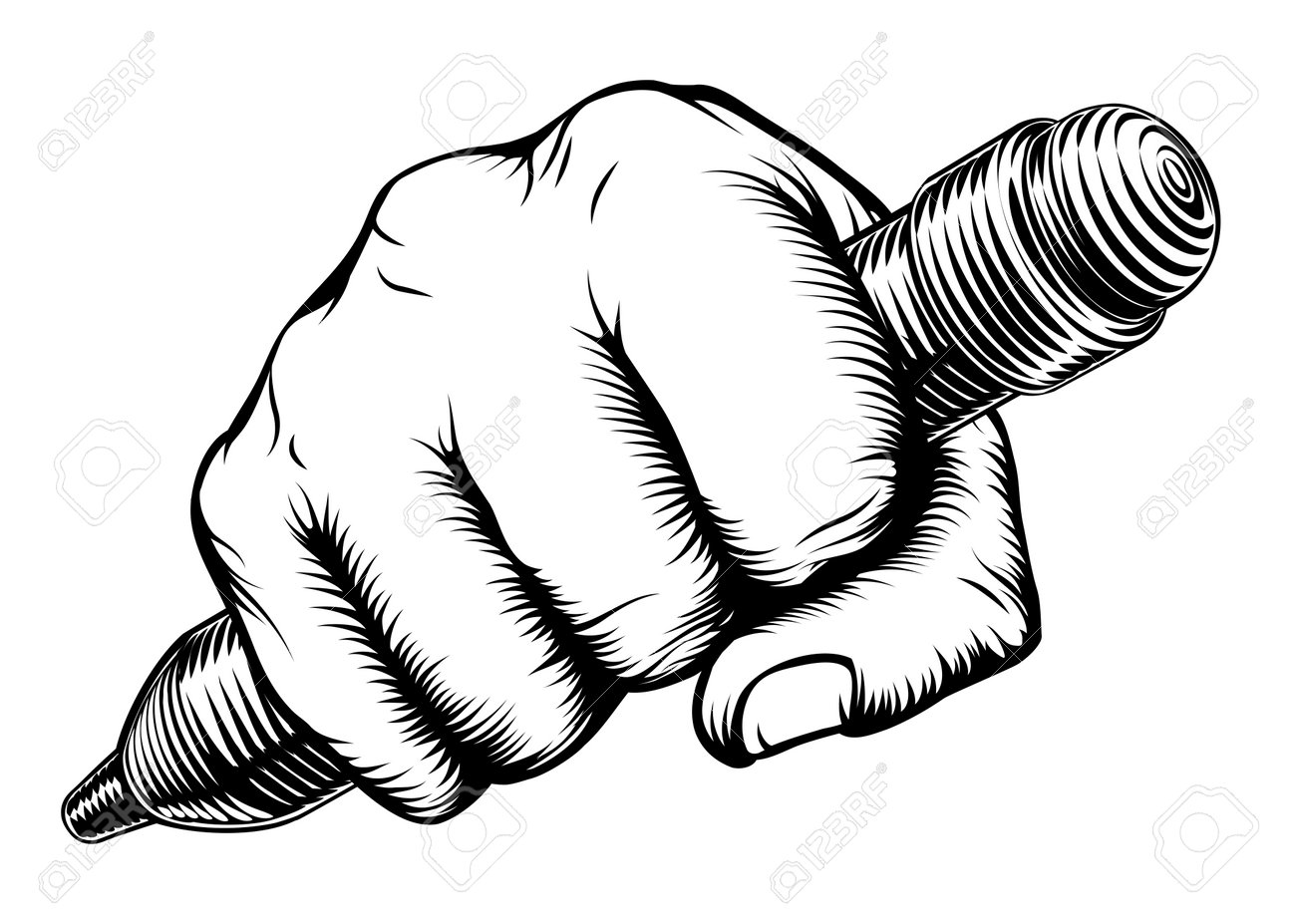 鉛筆を持つヴィンテージ エッチング木版画スタイル拳 のイラスト素材 ベクタ Image