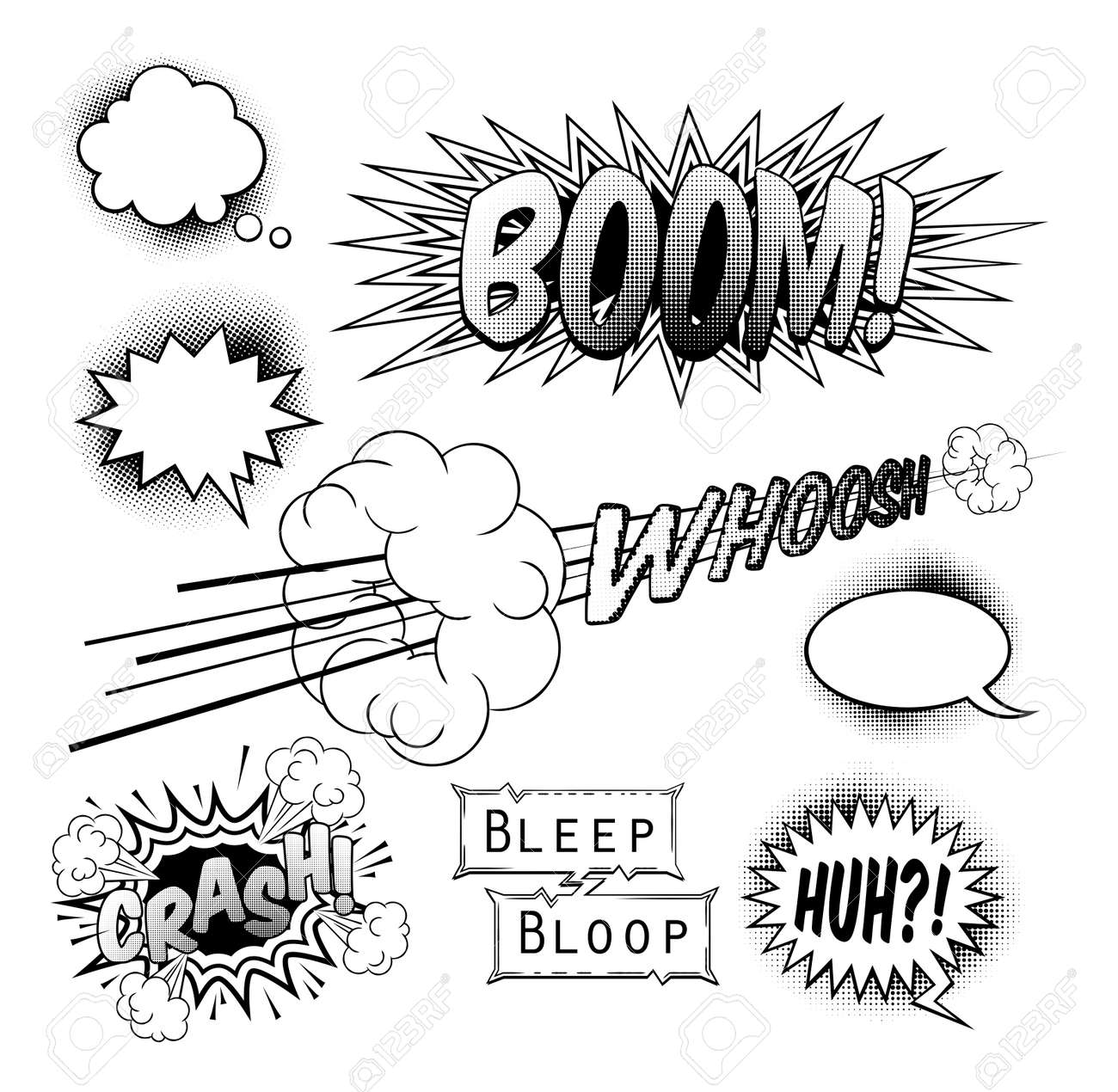 a set of black and white comic book pop art graphic design elements