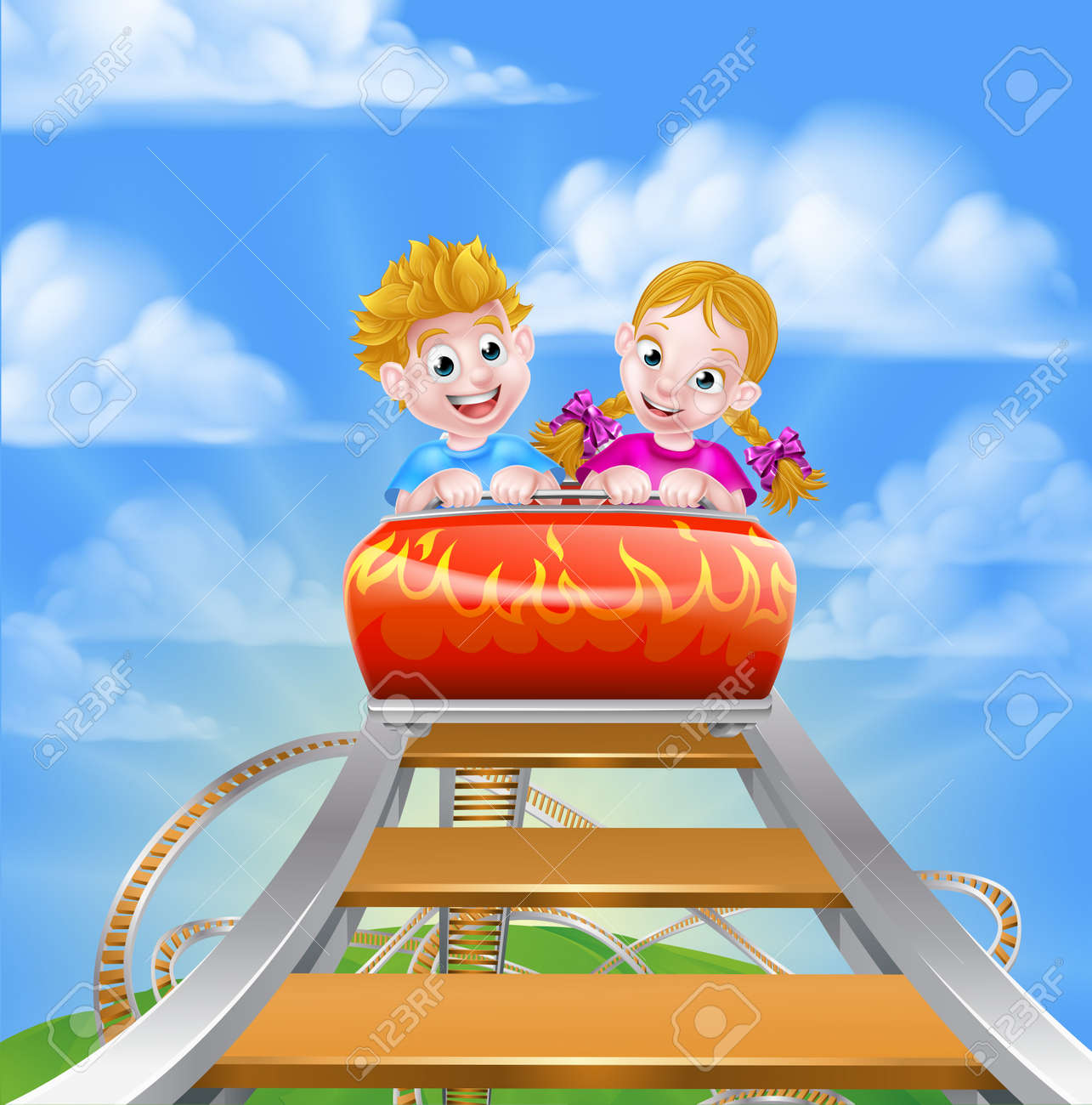 テーマパークや遊園地でジェット コースターに乗って子供に乗る のイラスト素材 ベクタ Image