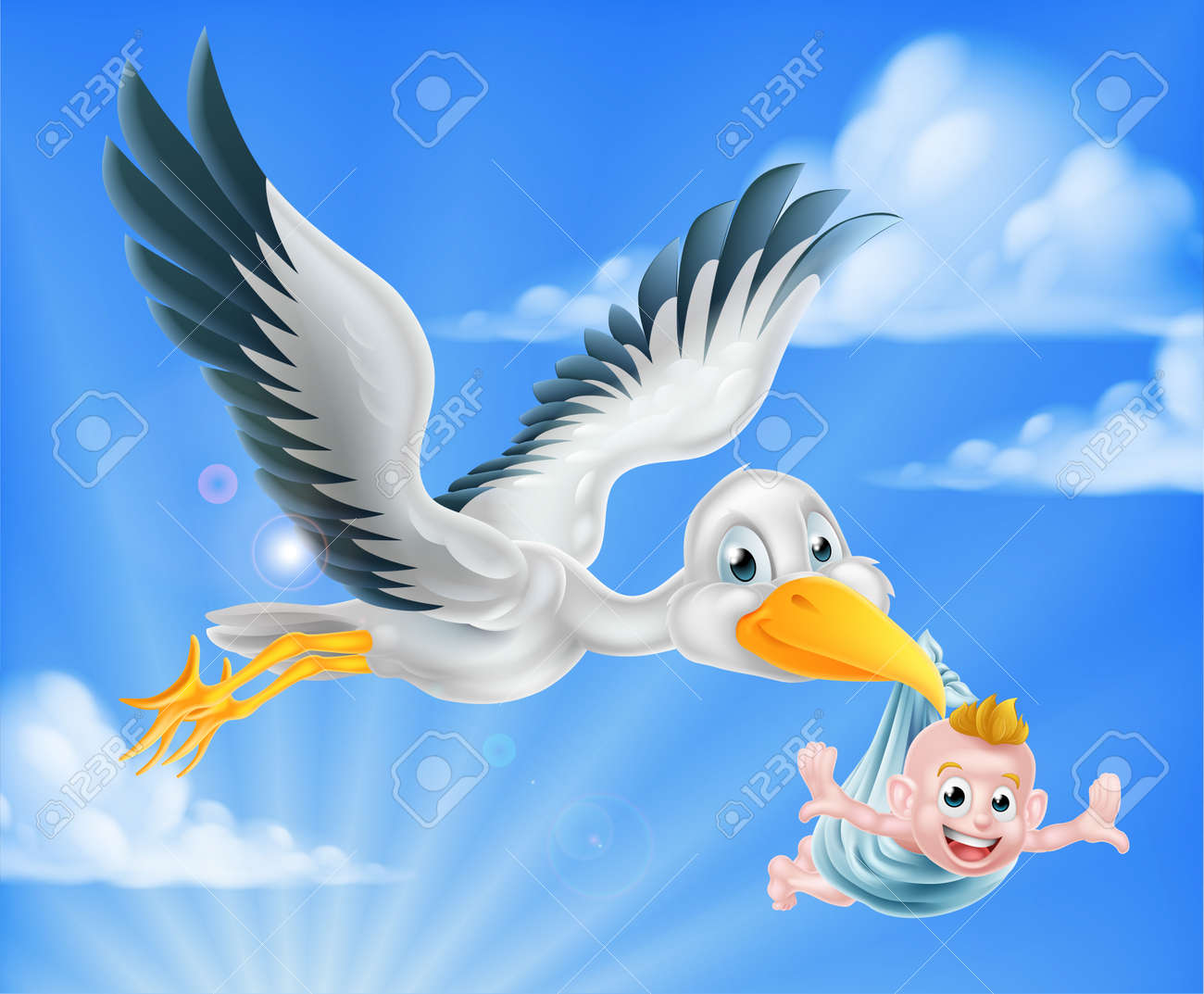 Cartoon stork bird animal character flying through the sky holding a newborn baby. Classic myth of stork bird delivering a new born baby - 59995250 Cartoon stork bird animal character flying through the sky holding a newborn baby. Classic myth of stork bird delivering a new born baby - 59995250