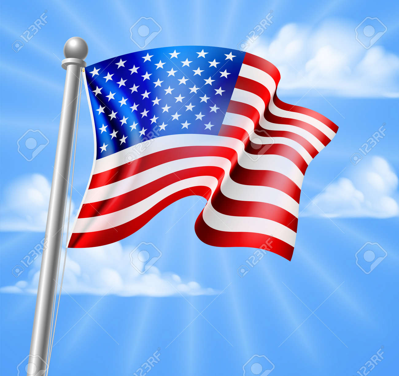 青い空に舞う旗のポール上にアメリカ国旗 のイラスト素材 ベクタ Image