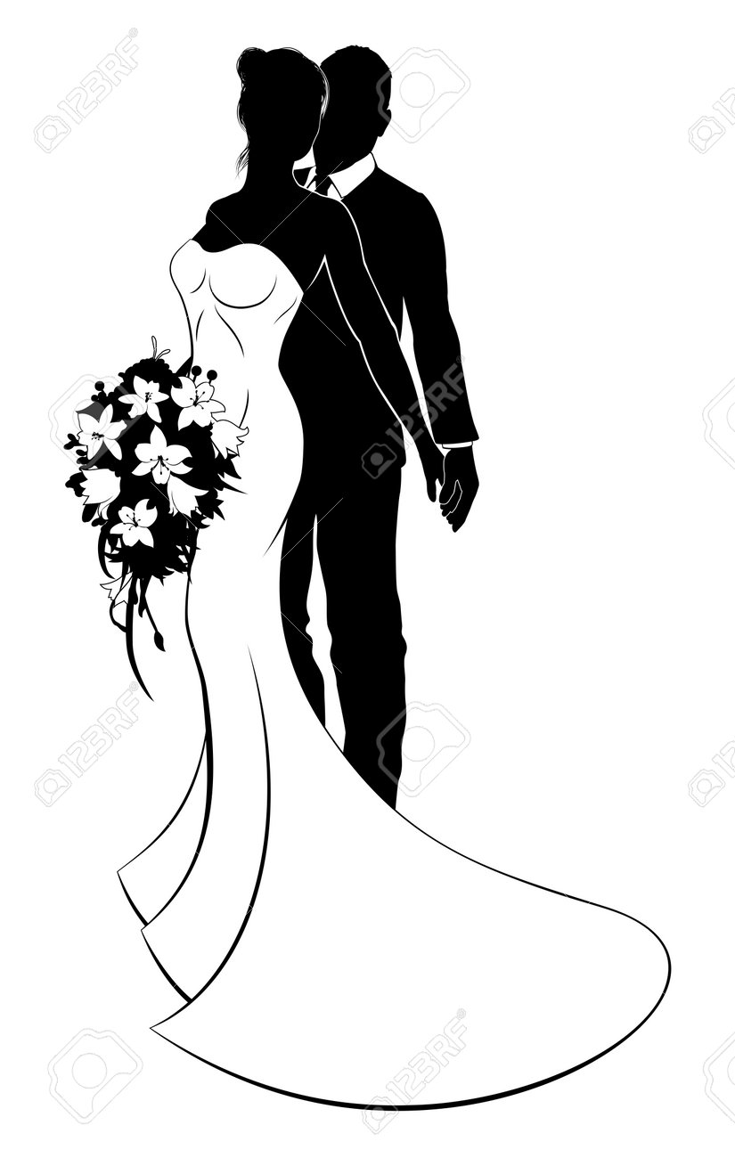 Wedding concept of bride and groom couple in silhouette, the bride in a white bridal dress gown holding a floral wedding bouquet of flowers - 59995125 Wedding concept of bride and groom couple in silhouette, the bride in a white bridal dress gown holding a floral wedding bouquet of flowers - 59995125
