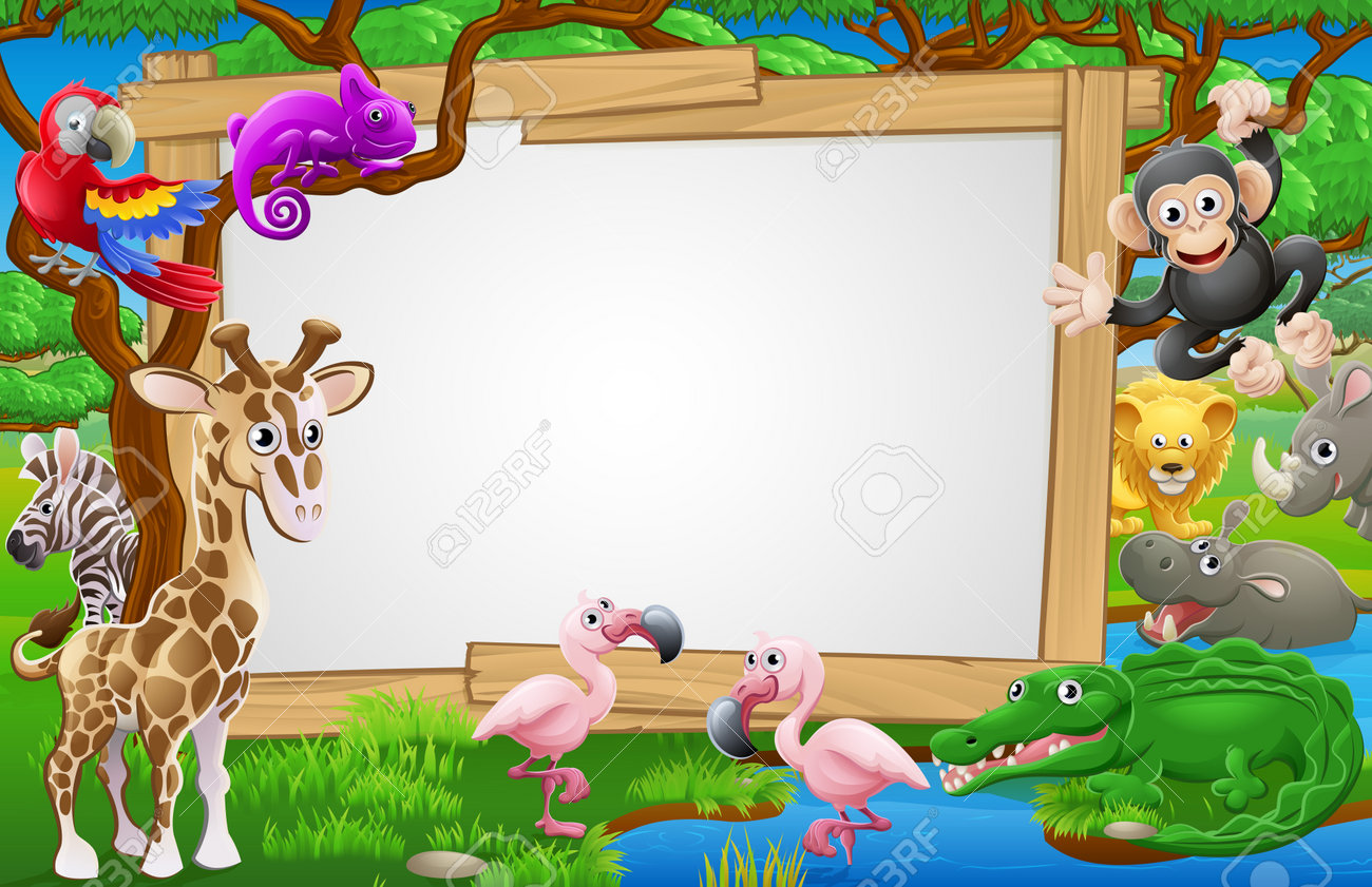 A Sign Surrounded By Cute Cartoon Safari Animals Like Flamingoes, Giraffe,  Zebra Lions And The Like. Royalty Free SVG, Cliparts, Vectors, and Stock  Illustration. Image 64034812., image size:1300x841