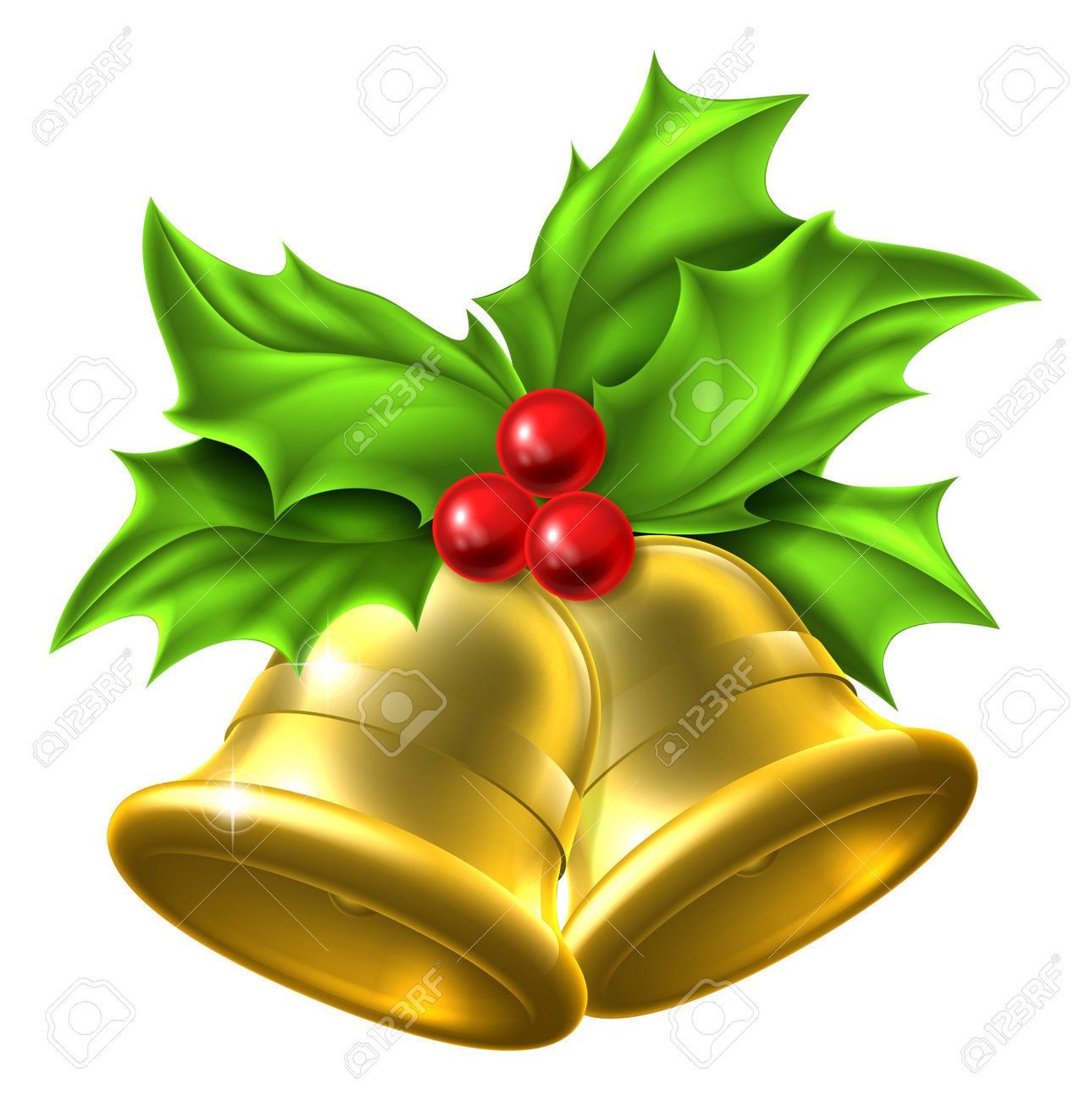 A Christmas Design Of Gold Bells And A Sprig Of Holly Royalty Free