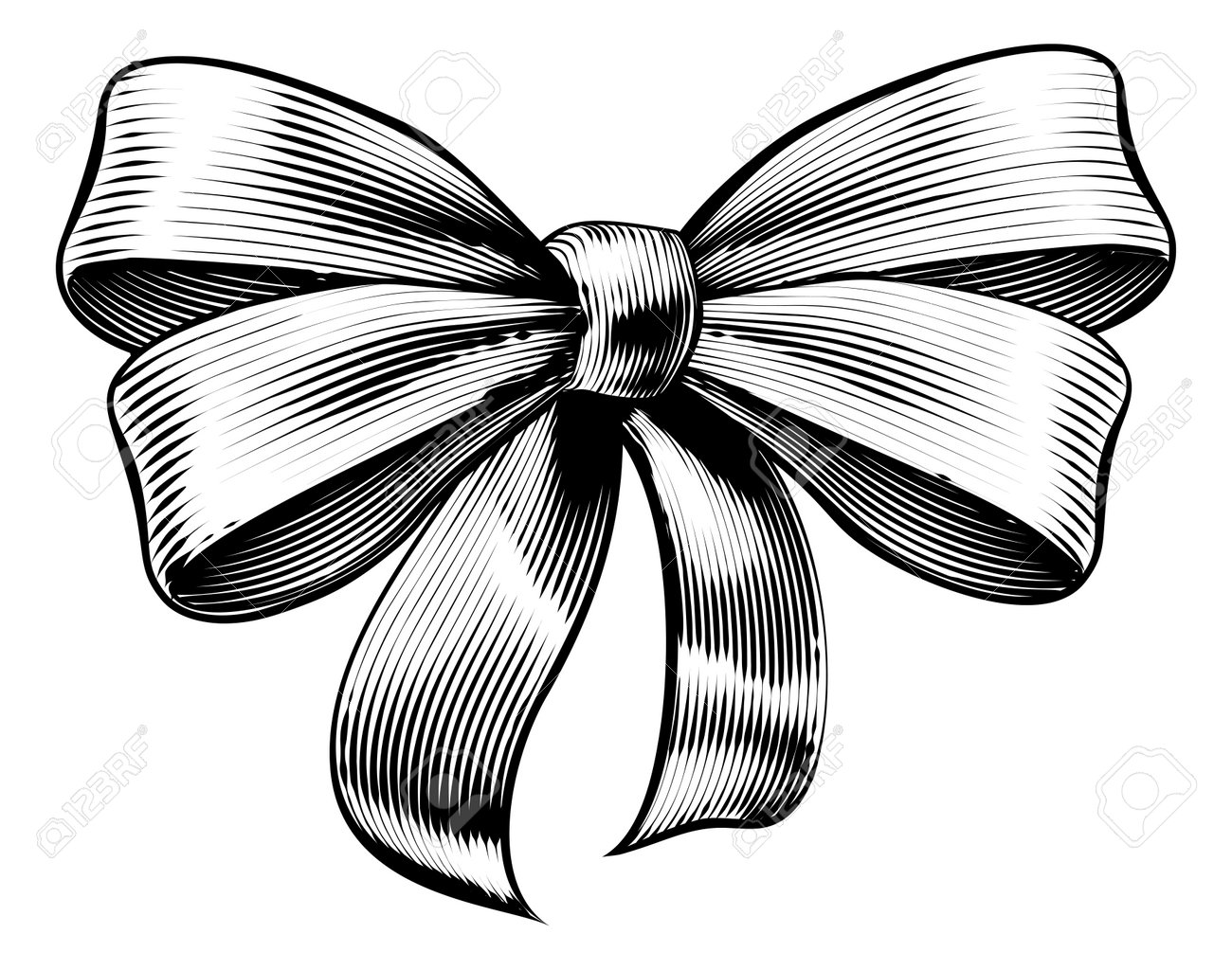 a bow ribbon gift in a vintage woodcut engraved etching style