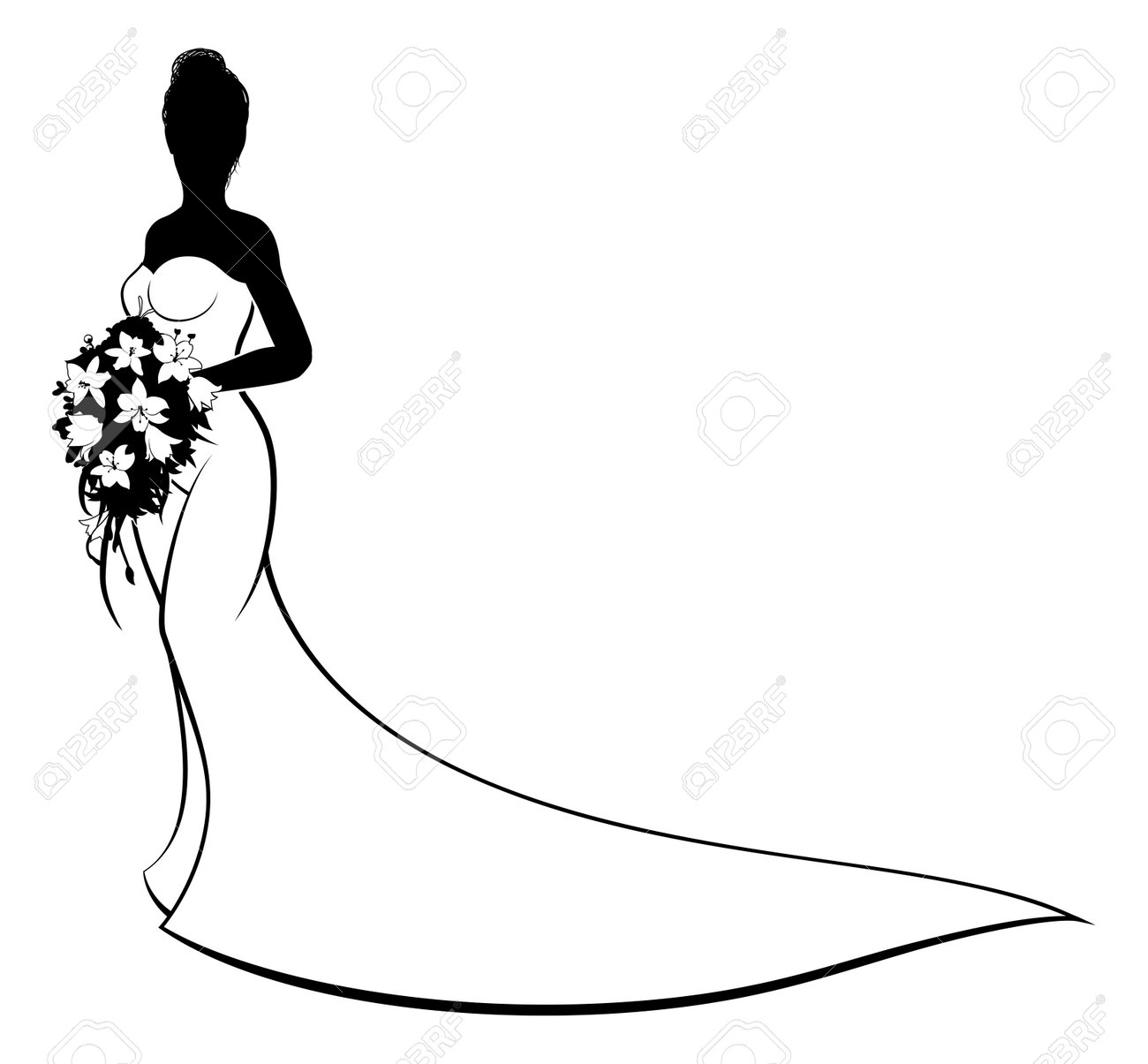 Bride Silhouette With White Bridal Dress Gown Holding A Floral Wedding Bouquet Of Flowers Stock Vector Bride Silhouette With White Bridal Dress Gown Holding A Floral Wedding Bouquet Of Flowers Stock Vector