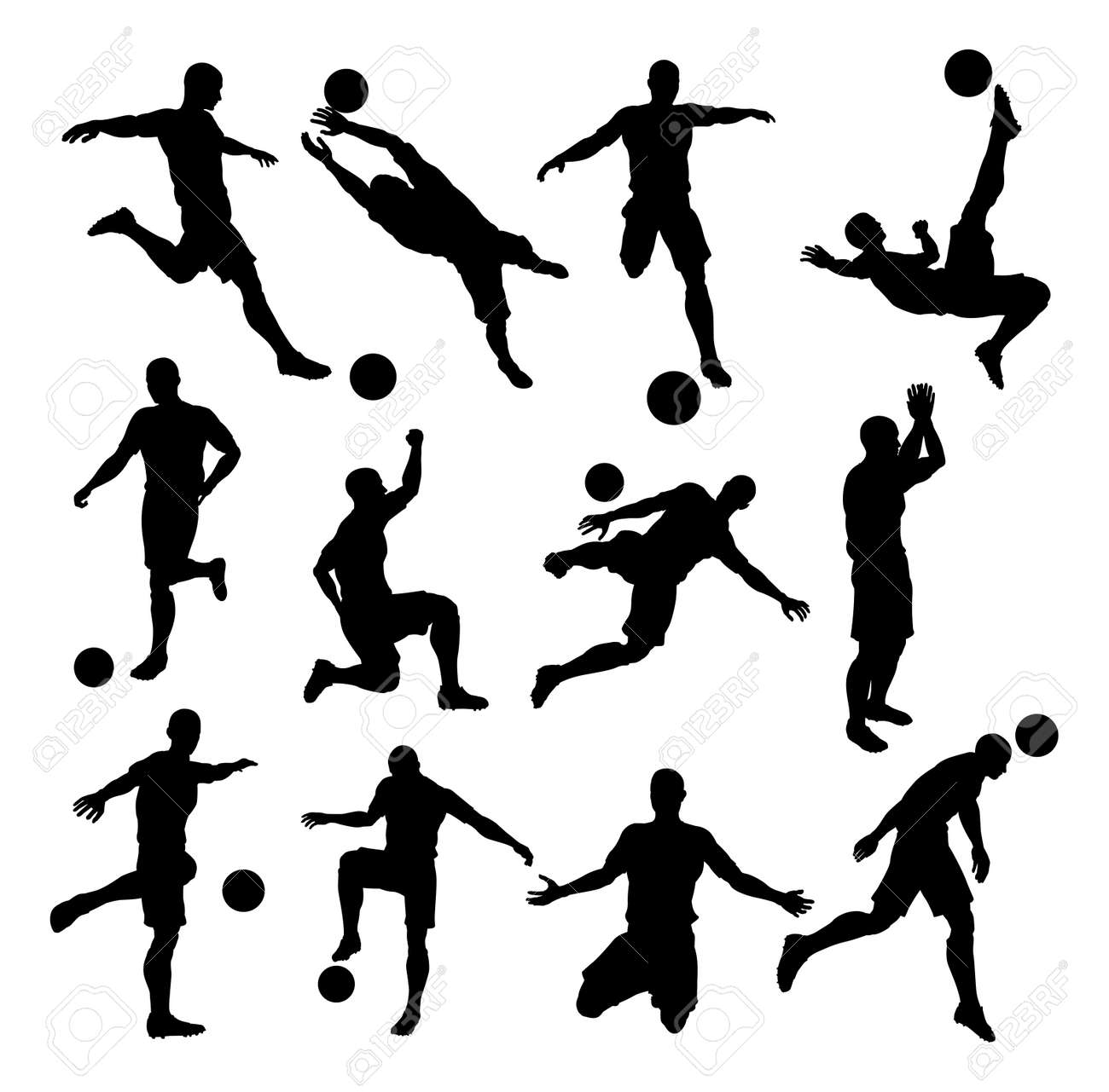 A Set Of Soccer Footballer Silhouettes In Lots Of Different Poses