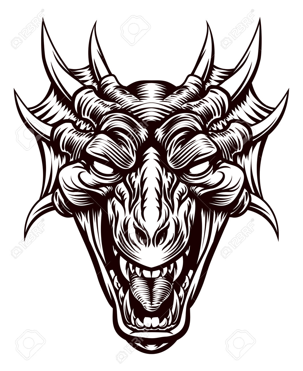original illustration of a monster dragon head in a vintage retro