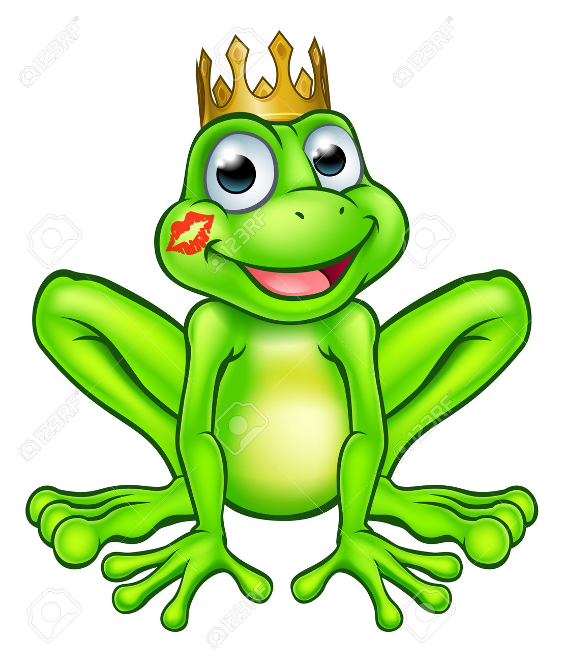 Ein Niedlicher Cartoon Froschkonig Marchen Maskottchen Charakter Eine Goldene Krone Mit Einem Lippenstift Kuss Markierung Auf Seiner Wange Tragt Lizenzfrei Nutzbare Vektorgrafiken Clip Arts Illustrationen Image