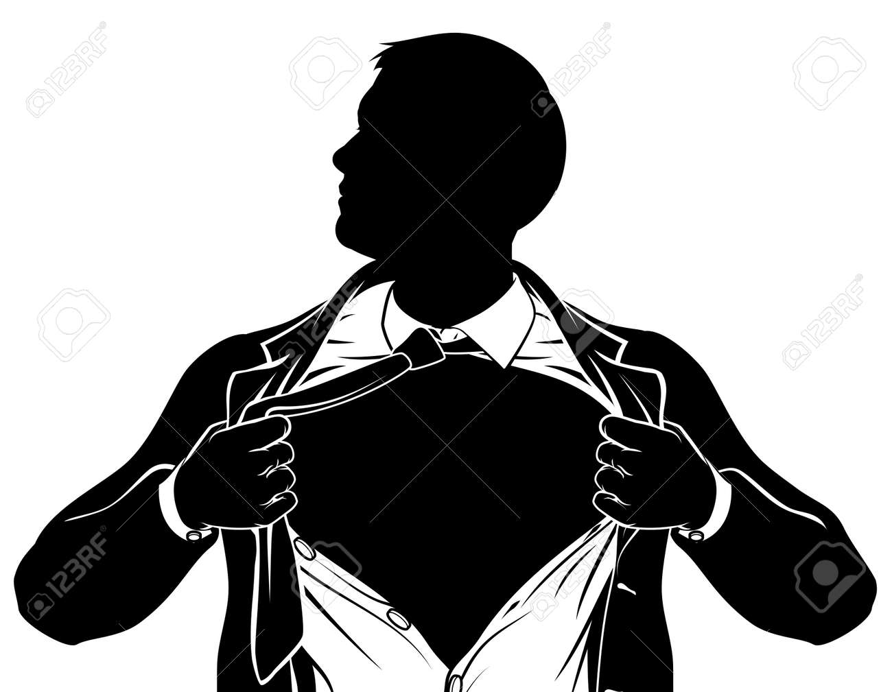 a superhero business man tearing his shirt showing the chest