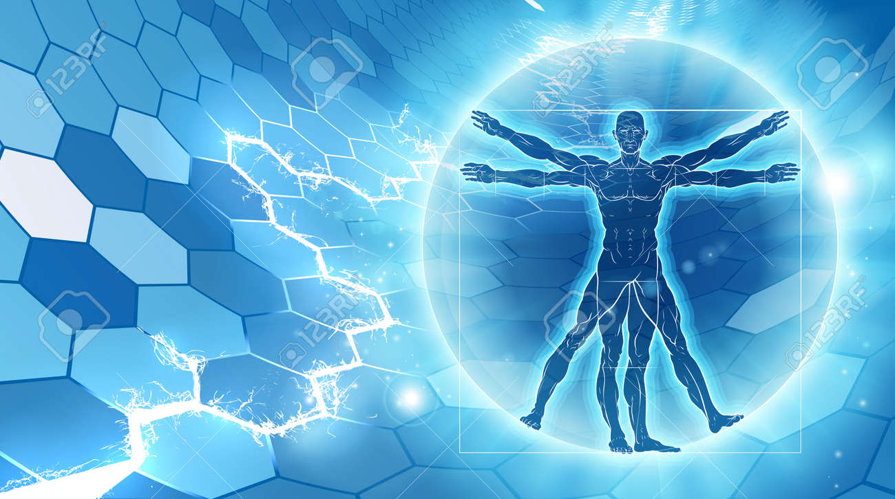 Vitruvian man hexagon blue background concept like Leonard Da Vinci s anatomy illustration - 69823155 Vitruvian man hexagon blue background concept like Leonard Da Vinci s anatomy illustration - 69823155