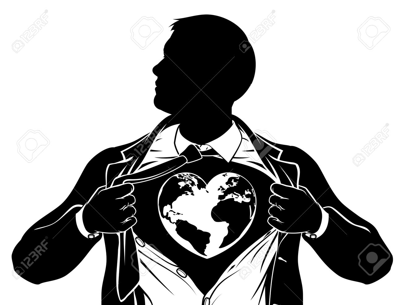 a superhero business man tearing his shirt showing the chest