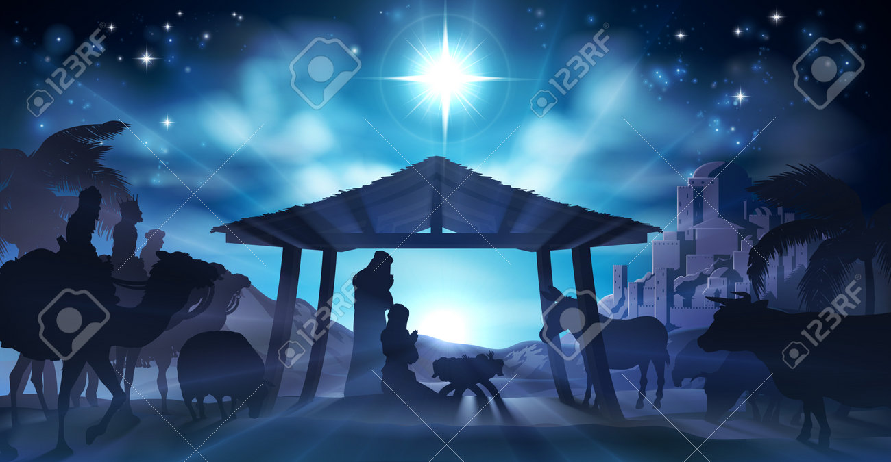 Immagini Natale Nativita.Vettoriale Natale Nativita Cristiana Scena Di Bambino Gesu Nella Mangiatoia Con Maria E Giuseppe In Silhouette Circondata Da Animali E Tre Maghi Magi Con La Citta Di Betlemme In Lontananza Image 78354092