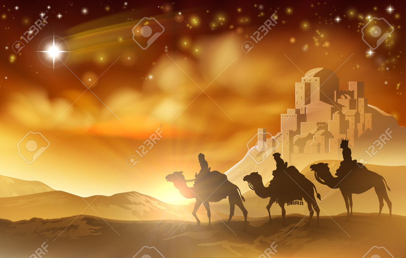 The three wise men magi on their journey following the star of Bethlehem and the city in the background. A nativity Christmas illustration - 86920774 The three wise men magi on their journey following the star of Bethlehem and the city in the background. A nativity Christmas illustration - 86920774
