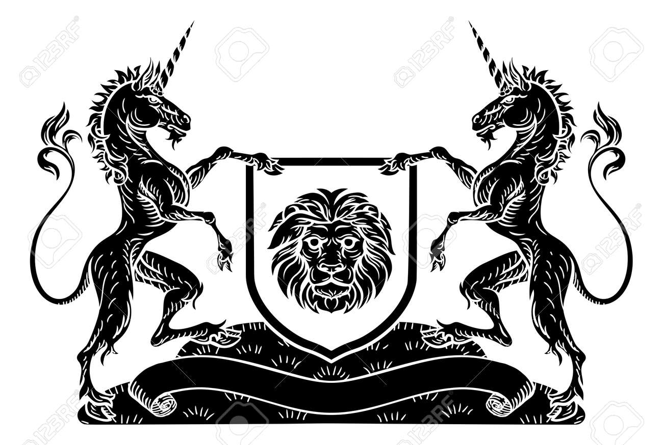 a medieval heraldic coat of arms crest emblem with unicorn