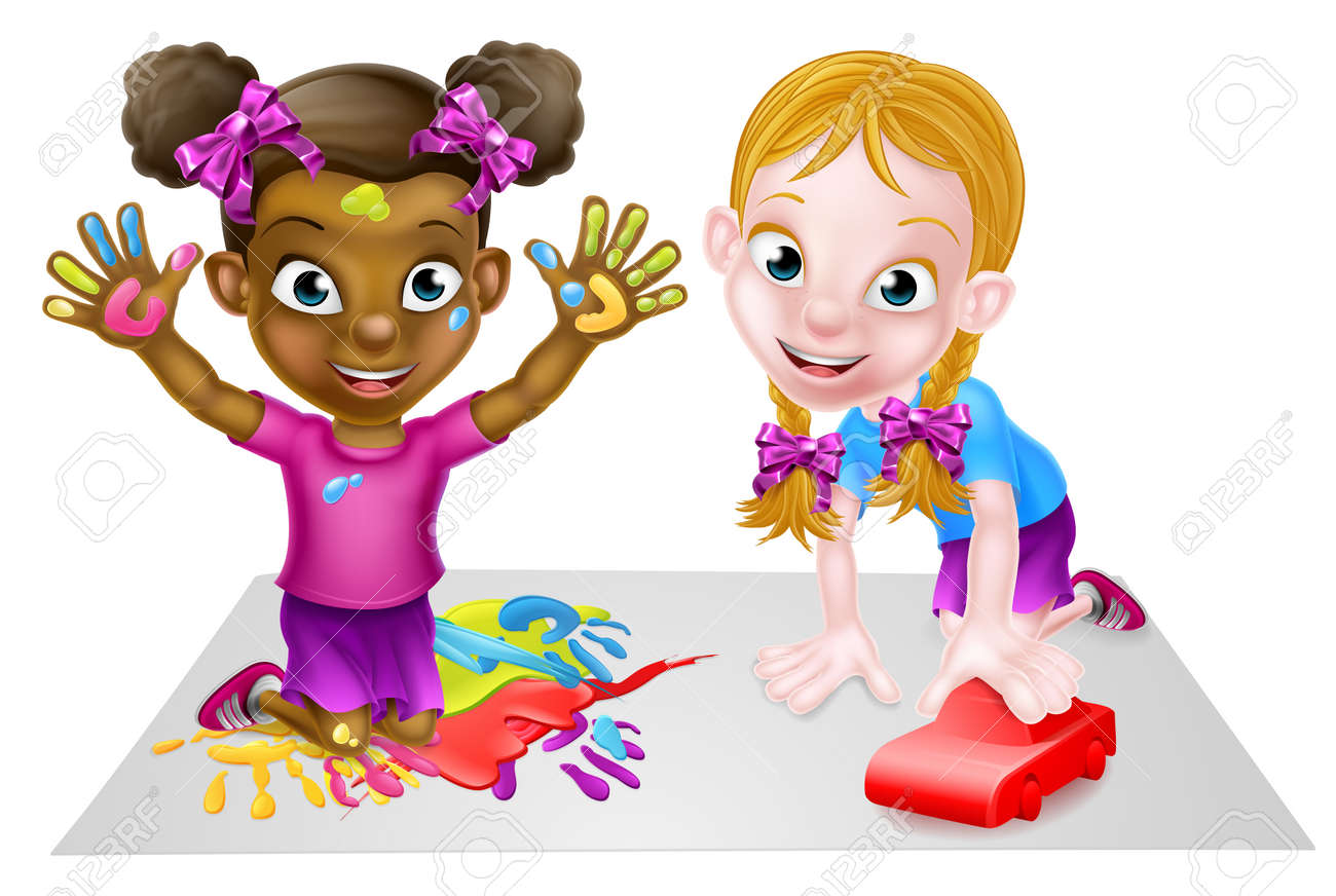 車と絵画ベクトルイラストで遊ぶ漫画の女の子 のイラスト素材 ベクタ Image