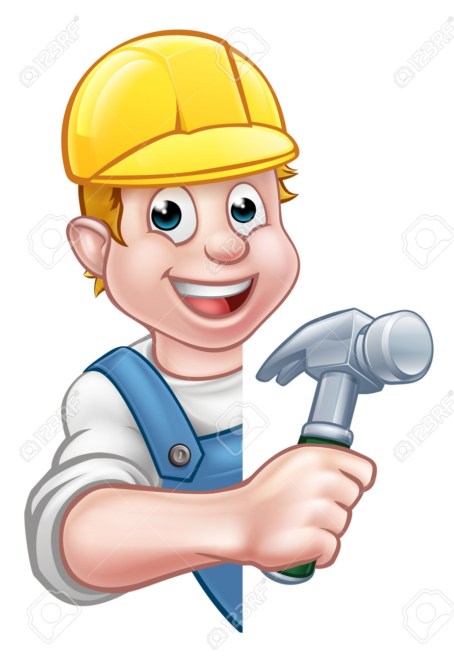 Un Constructeur Ou Charpentier Outil De Dessin Anime Silhouette Tenant Une Machine A Outils De Marteau Et Furtivement Autour Derriere Derriere Un Signe Clip Art Libres De Droits Vecteurs Et