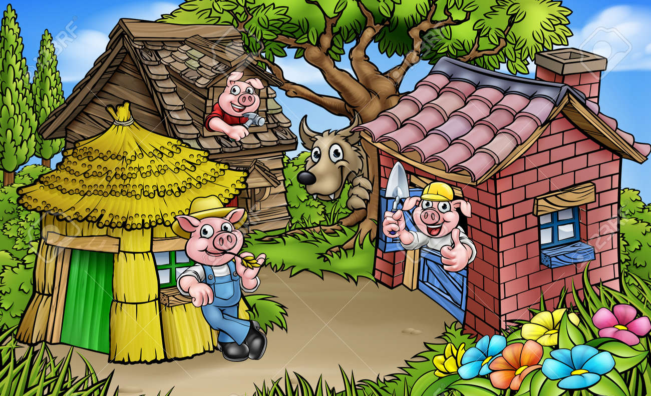 Una Escena De Dibujos Animados Del Cuento De Hadas Para Ninos De Los Tres Cerditos Los 3 Personajes De Cerdo Con Sus Casas De Paja Madera Y Ladrillo Y El Lobo Feroz