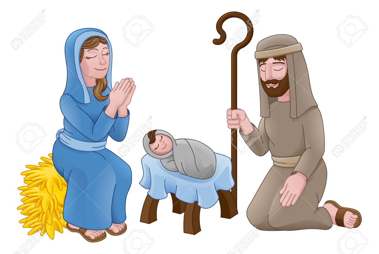 A Christmas Nativity Scene Cartoon, With Baby Jesus, Mary And Joseph In The  Manger. Royalty Free SVG, Cliparts, Vectors, and Stock Illustration. Image  109260939., image size:1300x872
