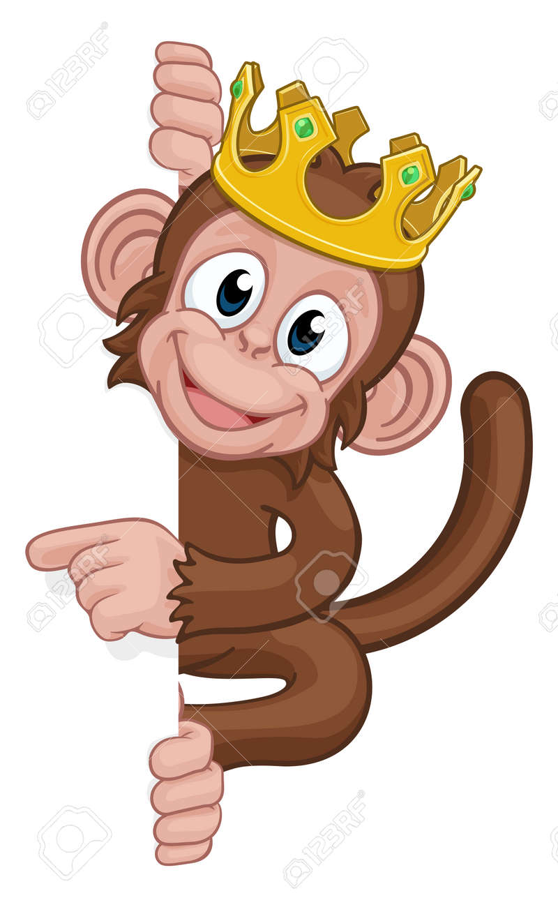 Monkey King Crown Cartoon Animal Pointing At Sign Royalty Free ...