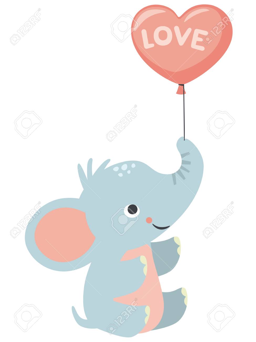 Cute Little Baby Elephant Holding Heart Shaped Balloon Valentines