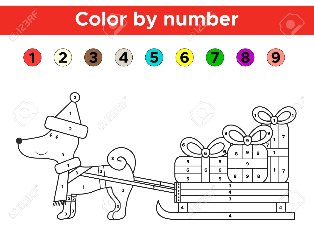 Color by number for preschool and school kids. Christmas coloring page with funny cartoon dog. Vector illustration. - 86920793 Color by number for preschool and school kids. Christmas coloring page with funny cartoon dog. Vector illustration. - 86920793