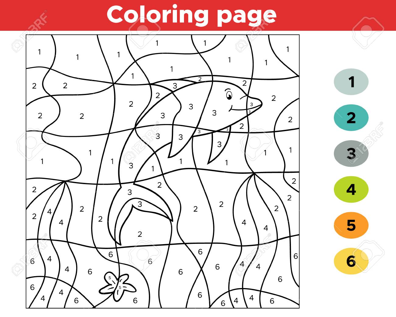 Number coloring page for children. Cartoon dolphin. Undersea world. - 112032600 Number coloring page for children. Cartoon dolphin. Undersea world. - 112032600