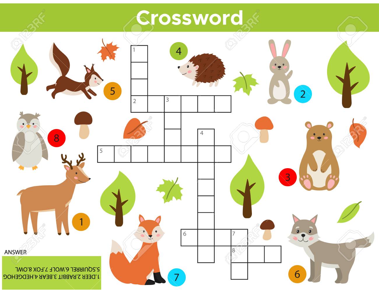 Vector Forest Animals Crossword in English. Education game for children with answer. Printable worksheet. Cute cartoon rabbit, fox, wolf, squirrel, owl, bear, deer, hedgehog. - 120361463 Vector Forest Animals Crossword in English. Education game for children with answer. Printable worksheet. Cute cartoon rabbit, fox, wolf, squirrel, owl, bear, deer, hedgehog. - 120361463