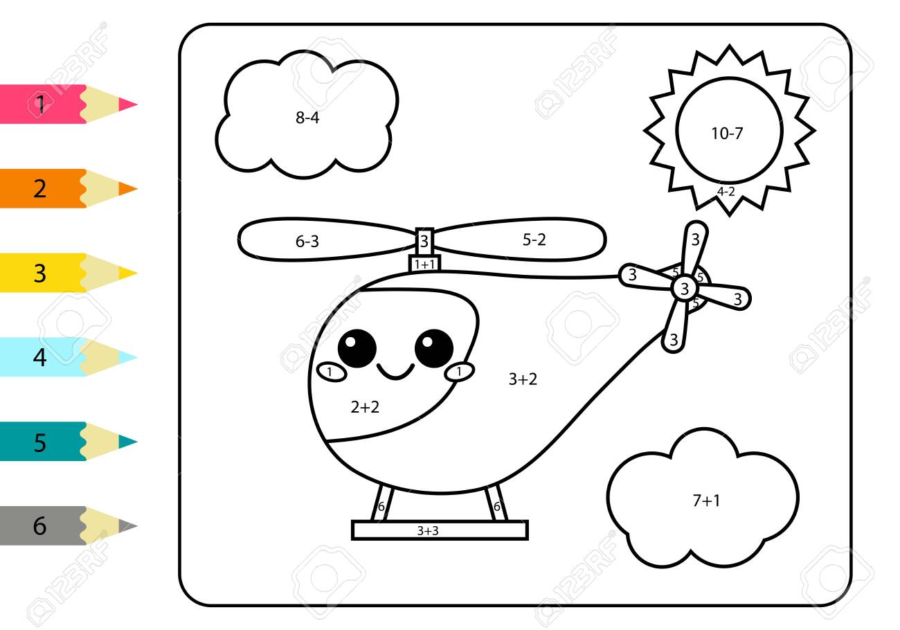 Cartoon Kawaii Helicopter. Math Coloring Page For Kids ...