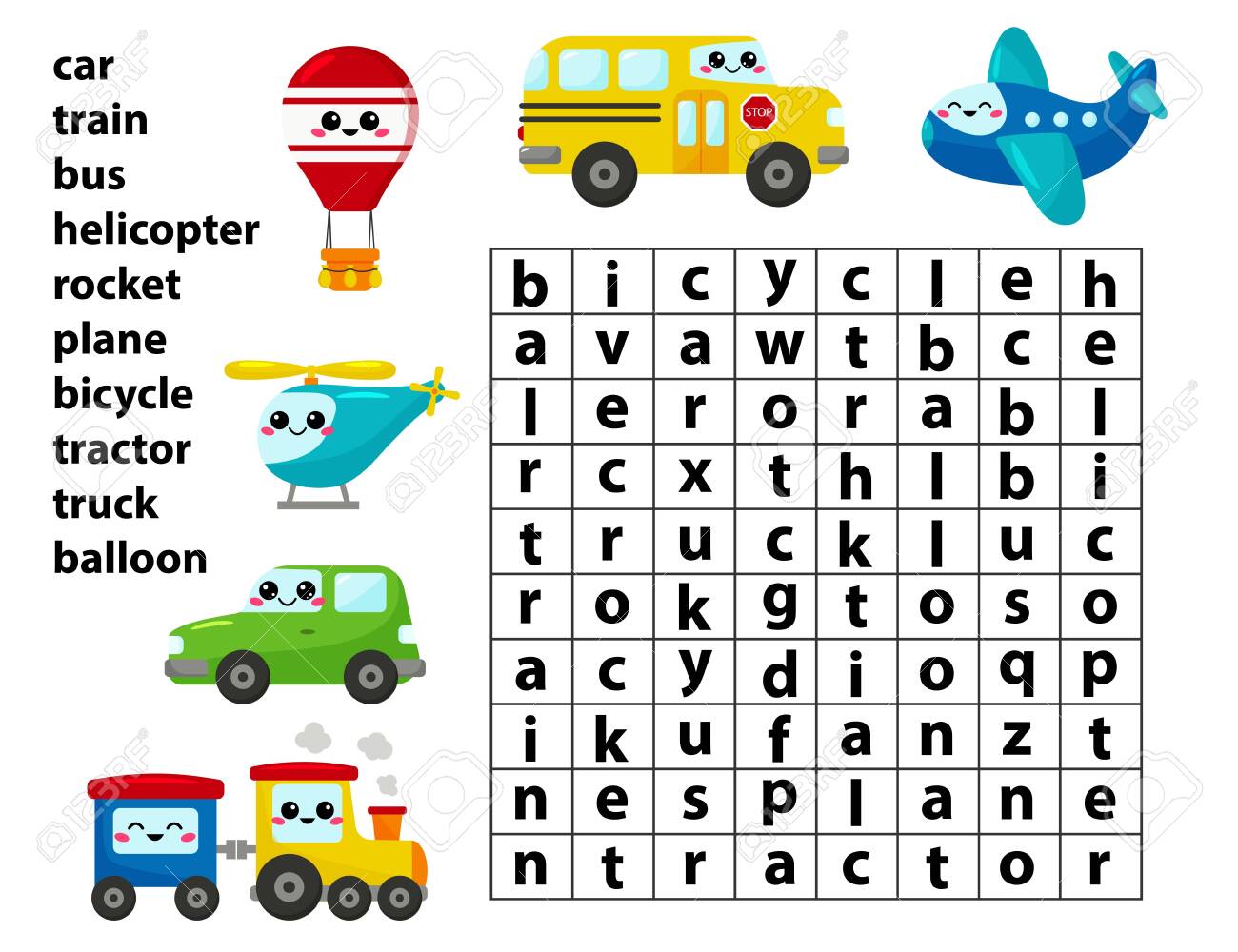 word search game learn english words for preschool kids activity worksheet cute kawaii cartoon vector transport characters royalty free cliparts vectors and stock illustration image 122825304