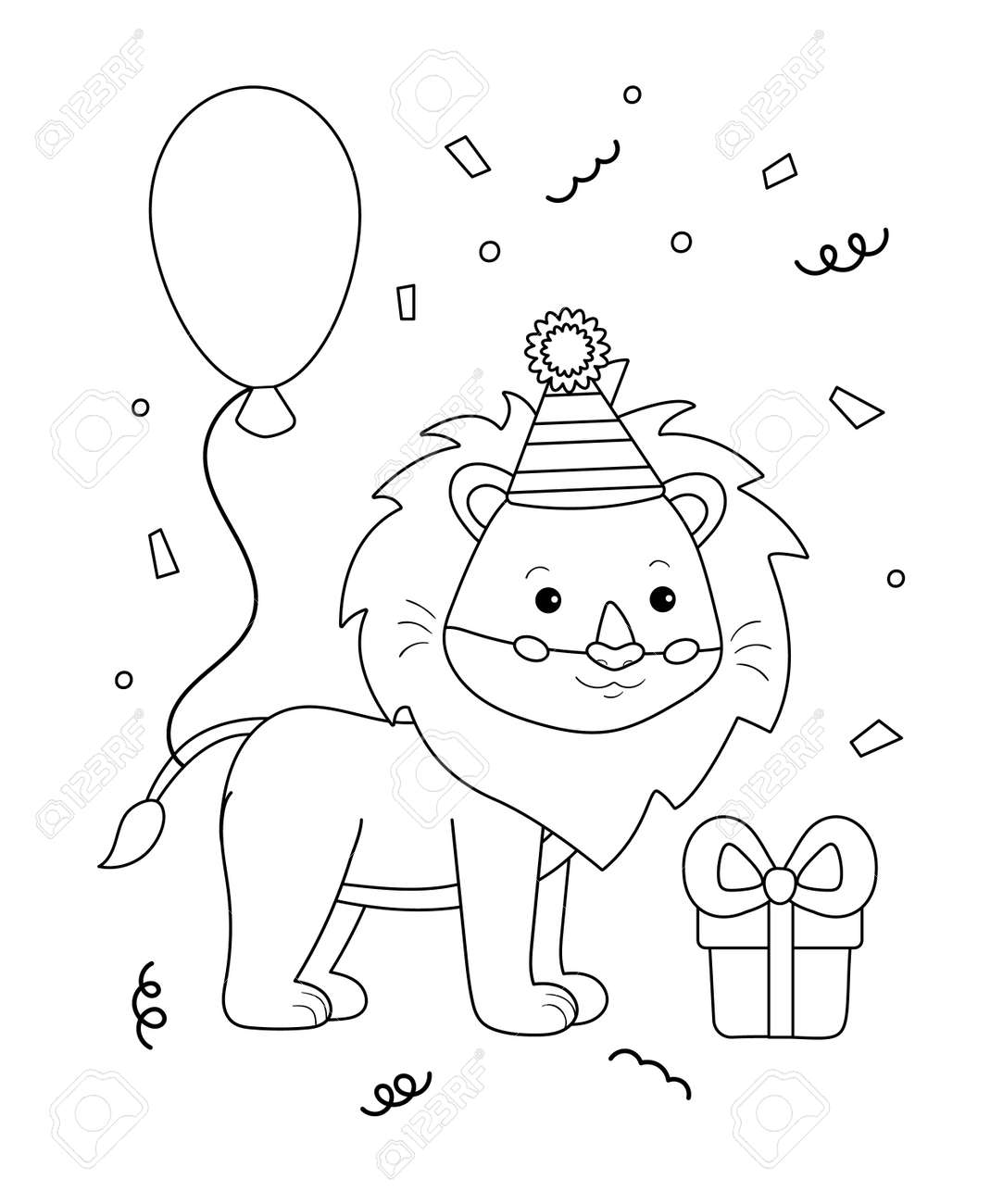 Cute happy birthday coloring page for kids. Funny cartoon lion with balloon and gift. Black and white vector illustration. - 165695080 Cute happy birthday coloring page for kids. Funny cartoon lion with balloon and gift. Black and white vector illustration. - 165695080