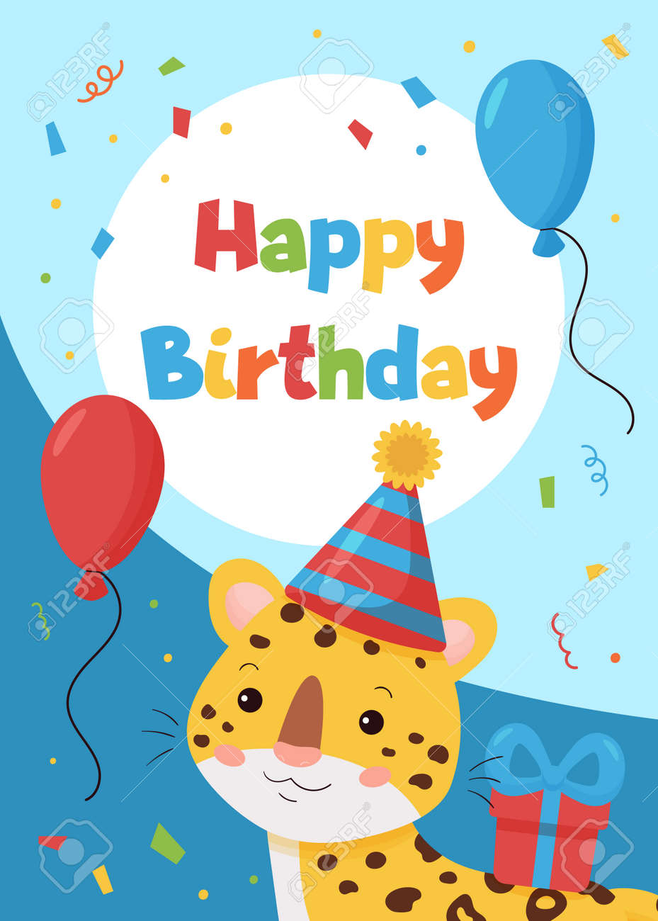 Vector greeting card with cute cartoon leopard. Happy Birthday postcard. Jungle animals. Ideal for printing on cards, invitations, banners, nursery decoration and posters. - 165695084 Vector greeting card with cute cartoon leopard. Happy Birthday postcard. Jungle animals. Ideal for printing on cards, invitations, banners, nursery decoration and posters. - 165695084