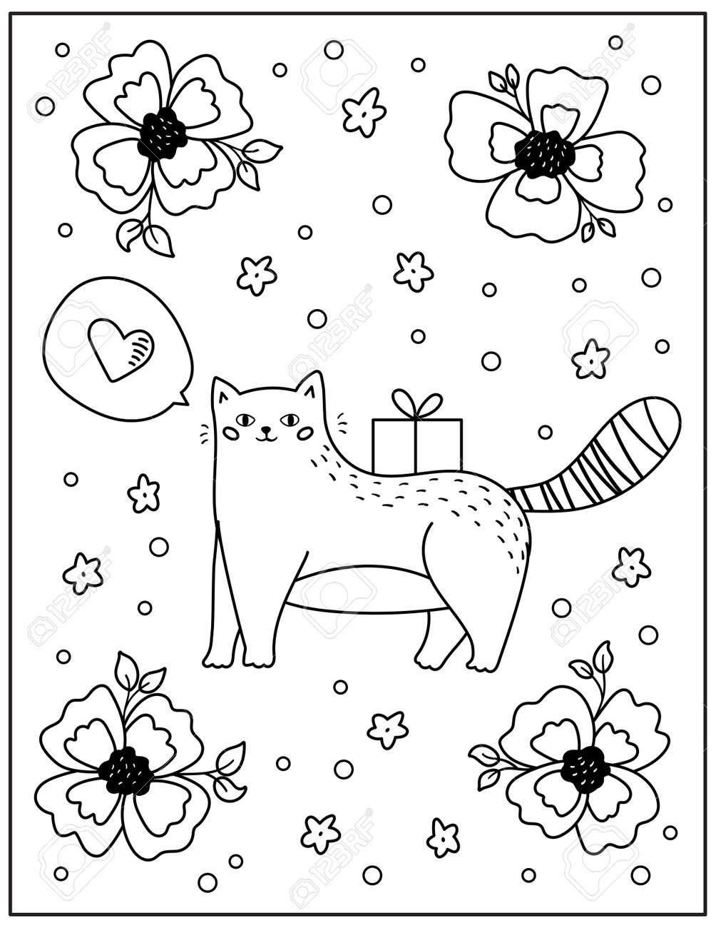 Doodle coloring page for children and adults. Cute cartoon cat with gift and flowers. Black and white vector illustration. - 165695089 Doodle coloring page for children and adults. Cute cartoon cat with gift and flowers. Black and white vector illustration. - 165695089