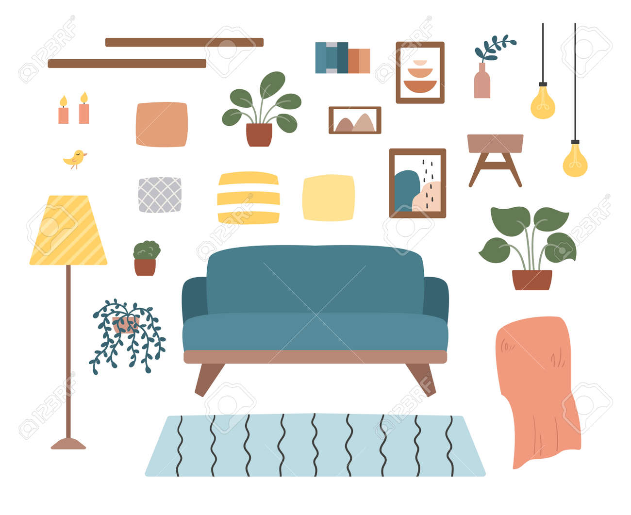 Cozy living room set with furniture, plants and decorations. Hand drawn doodle icons. Scandinavian hygge style. Trendy pastel colors. - 165695090 Cozy living room set with furniture, plants and decorations. Hand drawn doodle icons. Scandinavian hygge style. Trendy pastel colors. - 165695090